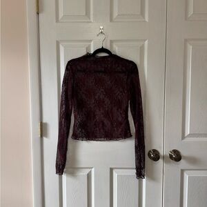 wild fable Sheer Burgundy Lace Long-Sleeve Top